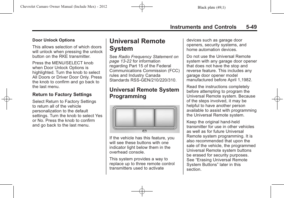Universal remote system, Universal remote system programming | CHEVROLET 2012 Camaro User Manual | Page 157 / 444