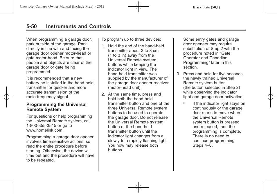 50 instruments and controls | CHEVROLET 2012 Camaro User Manual | Page 158 / 444