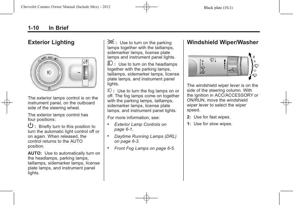 Exterior lighting, Windshield wiper/washer | CHEVROLET 2012 Camaro User Manual | Page 16 / 444