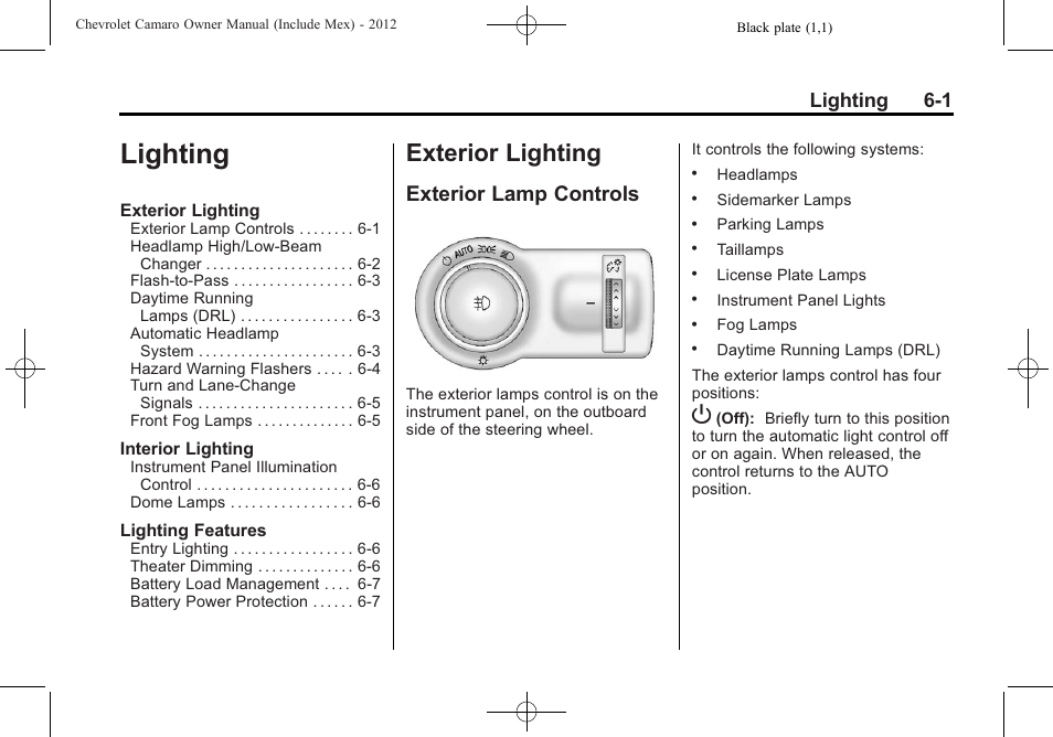 Lighting, Exterior lighting, Exterior lamp controls | Lighting 6-1 | CHEVROLET 2012 Camaro User Manual | Page 161 / 444