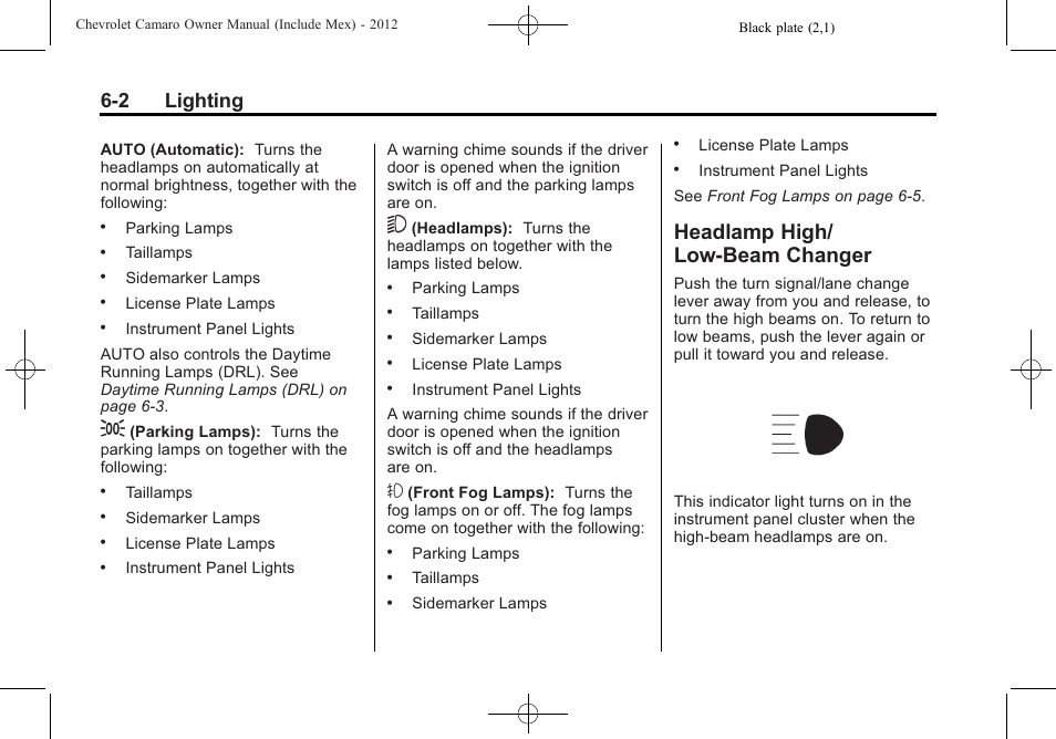 Headlamp high/low-beam changer, Headlamp high/ low-beam changer, 2 lighting | CHEVROLET 2012 Camaro User Manual | Page 162 / 444