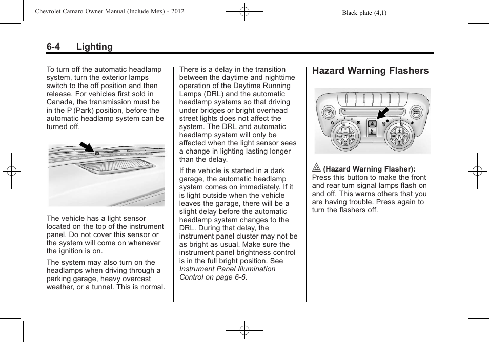 Hazard warning flashers | CHEVROLET 2012 Camaro User Manual | Page 164 / 444