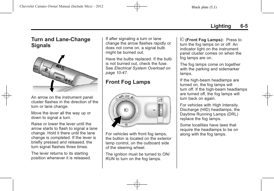 Turn and lane-change signals, Front fog lamps | CHEVROLET 2012 Camaro User Manual | Page 165 / 444