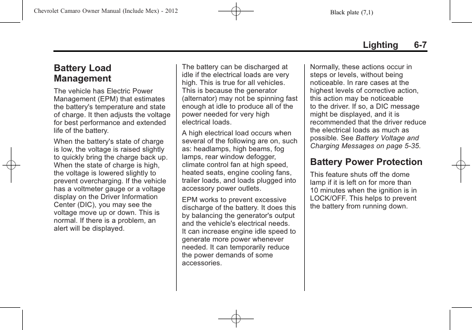 Battery load management, Battery power protection | CHEVROLET 2012 Camaro User Manual | Page 167 / 444