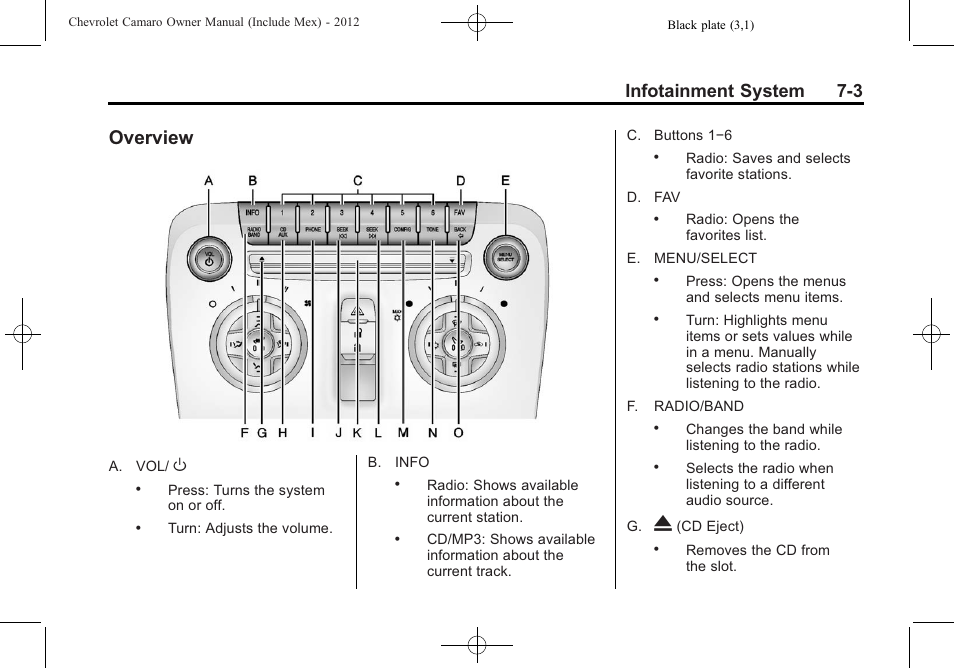 Overview, Infotainment system 7-3 | CHEVROLET 2012 Camaro User Manual | Page 171 / 444