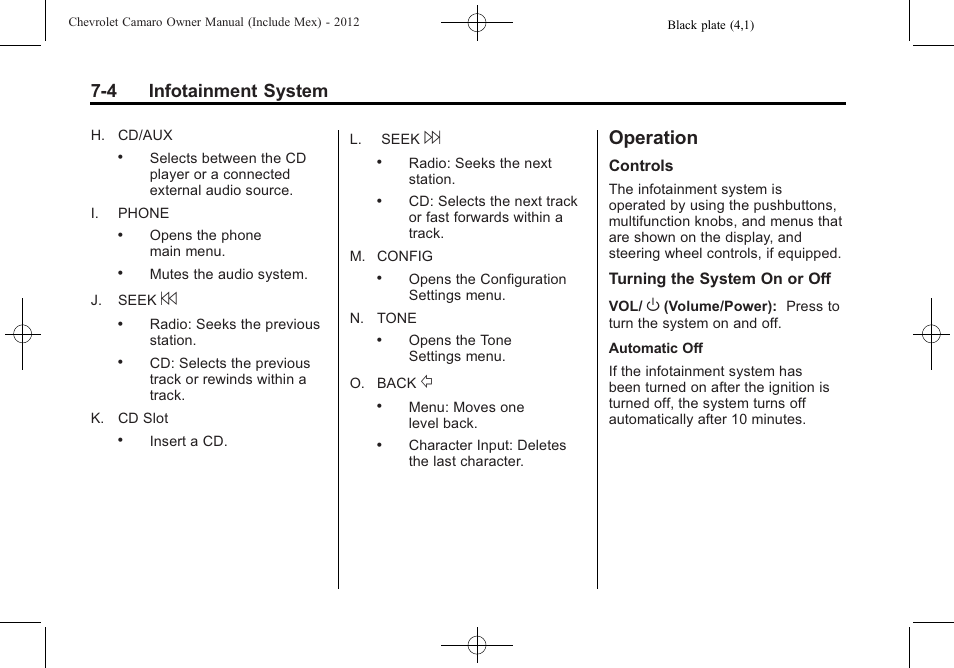 Operation, 4 infotainment system | CHEVROLET 2012 Camaro User Manual | Page 172 / 444