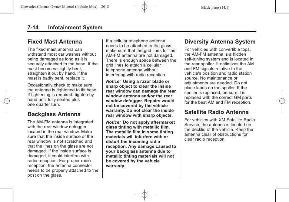Fixed mast antenna, Backglass antenna, Diversity antenna system | Satellite radio antenna | CHEVROLET 2012 Camaro User Manual | Page 182 / 444