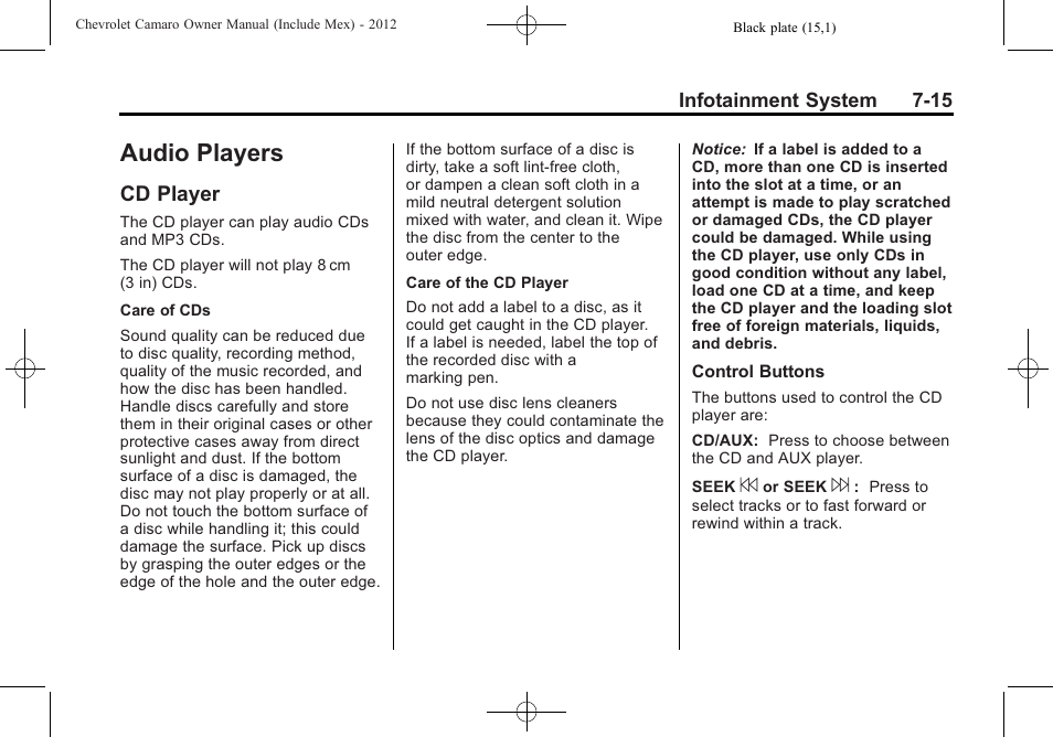 Audio players, Cd player | CHEVROLET 2012 Camaro User Manual | Page 183 / 444