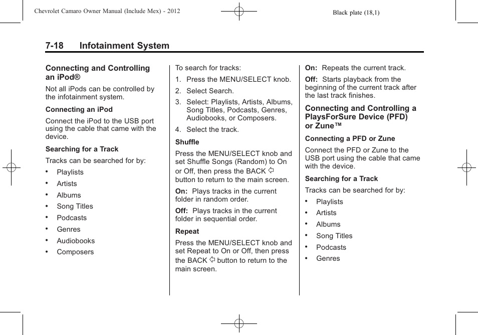 18 infotainment system | CHEVROLET 2012 Camaro User Manual | Page 186 / 444