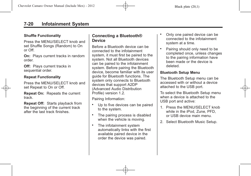 20 infotainment system | CHEVROLET 2012 Camaro User Manual | Page 188 / 444