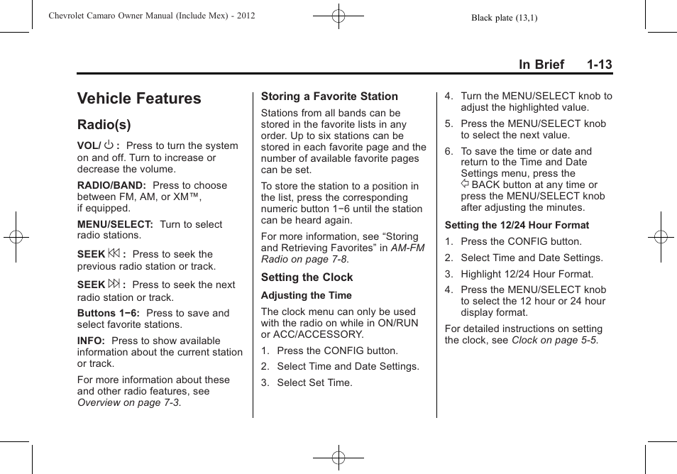 Vehicle features, Radio(s) | CHEVROLET 2012 Camaro User Manual | Page 19 / 444
