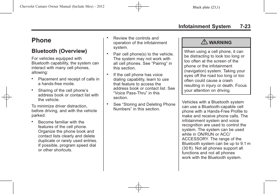 Phone, Bluetooth (overview), Infotainment system 7-23 | CHEVROLET 2012 Camaro User Manual | Page 191 / 444