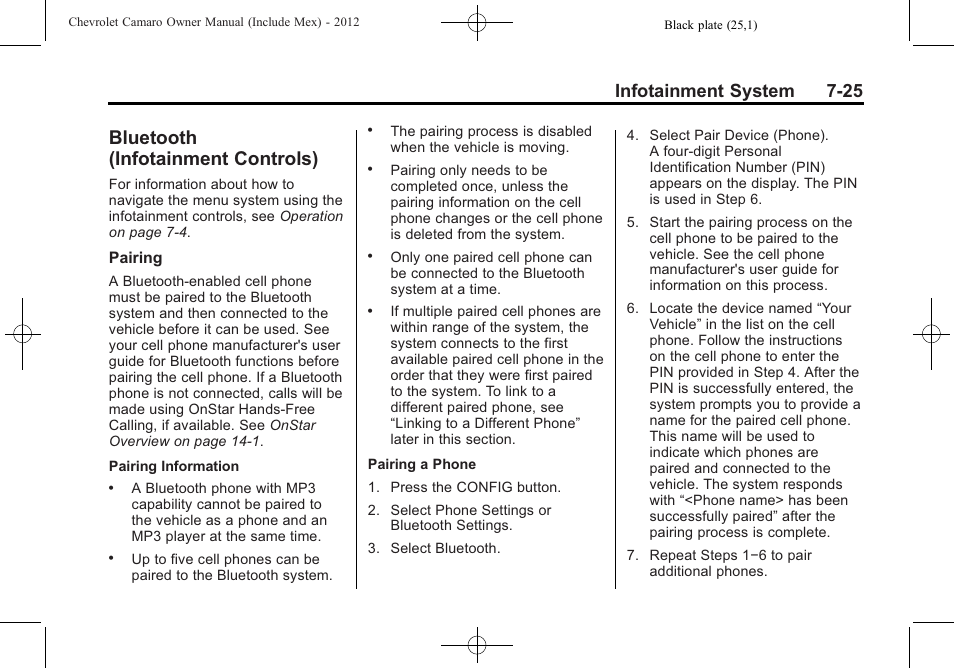 Bluetooth (infotainment controls), Infotainment system 7-25 | CHEVROLET 2012 Camaro User Manual | Page 193 / 444