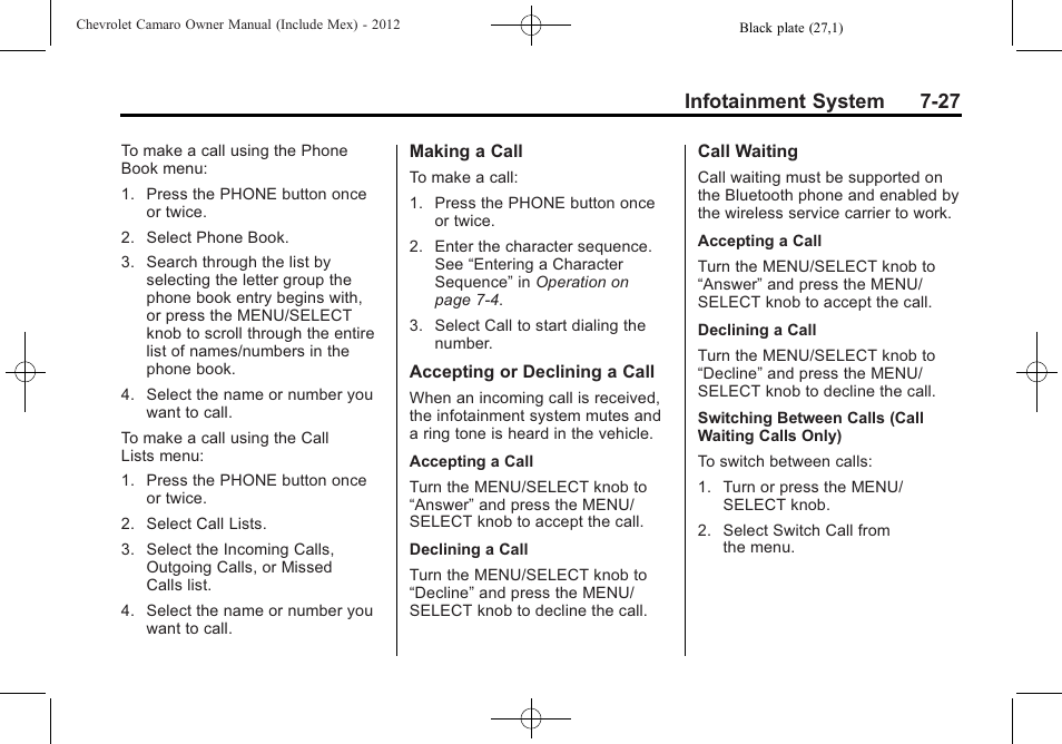Infotainment system 7-27 | CHEVROLET 2012 Camaro User Manual | Page 195 / 444