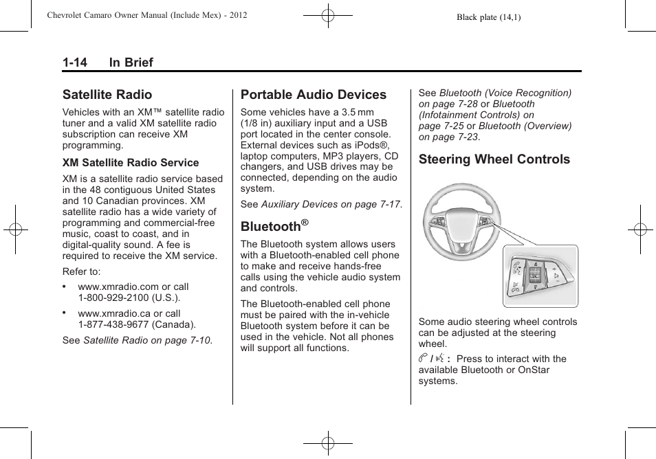 Satellite radio, Portable audio devices, Bluetooth | Steering wheel controls | CHEVROLET 2012 Camaro User Manual | Page 20 / 444
