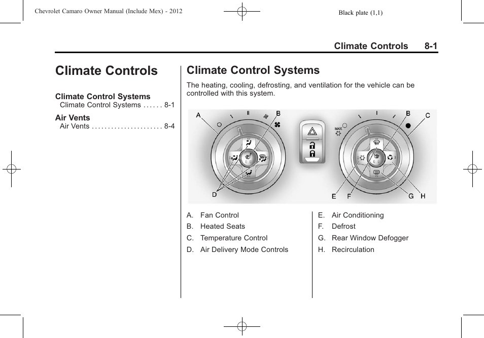 Climate controls, Climate control systems | CHEVROLET 2012 Camaro User Manual | Page 203 / 444