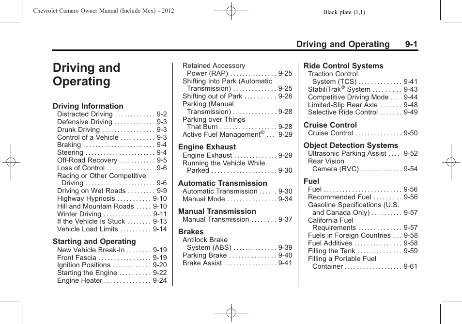 Driving and operating, Driving and operating 9-1 | CHEVROLET 2012 Camaro User Manual | Page 207 / 444