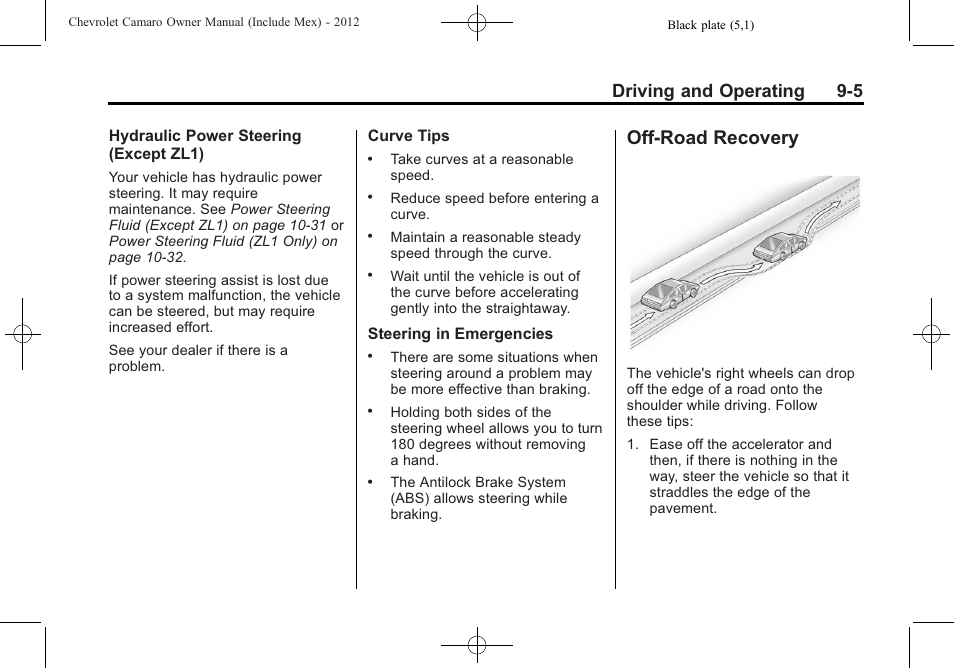 Off-road recovery, Driving and operating 9-5 | CHEVROLET 2012 Camaro User Manual | Page 211 / 444