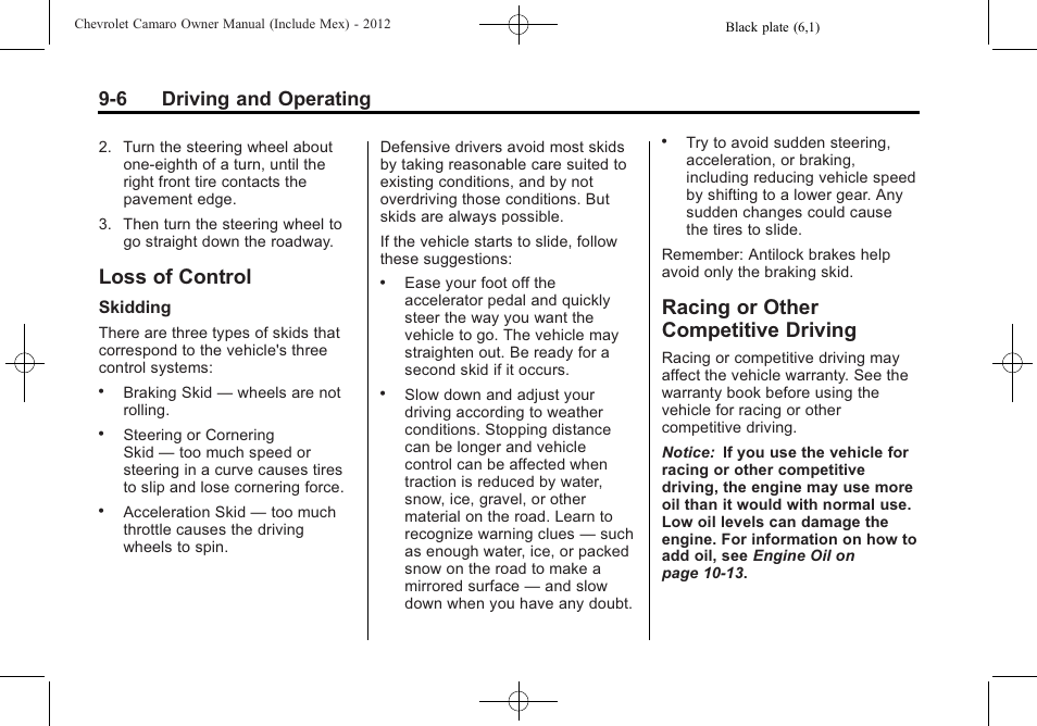 Loss of control, Racing or other competitive driving, 6 driving and operating | CHEVROLET 2012 Camaro User Manual | Page 212 / 444