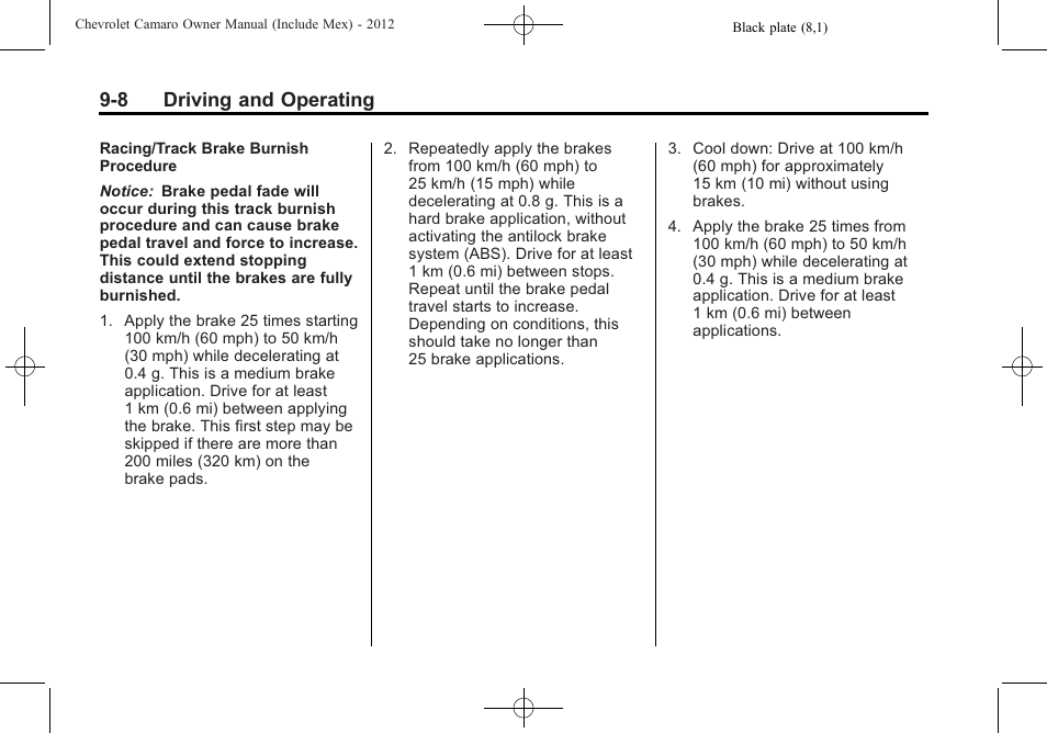 8 driving and operating | CHEVROLET 2012 Camaro User Manual | Page 214 / 444