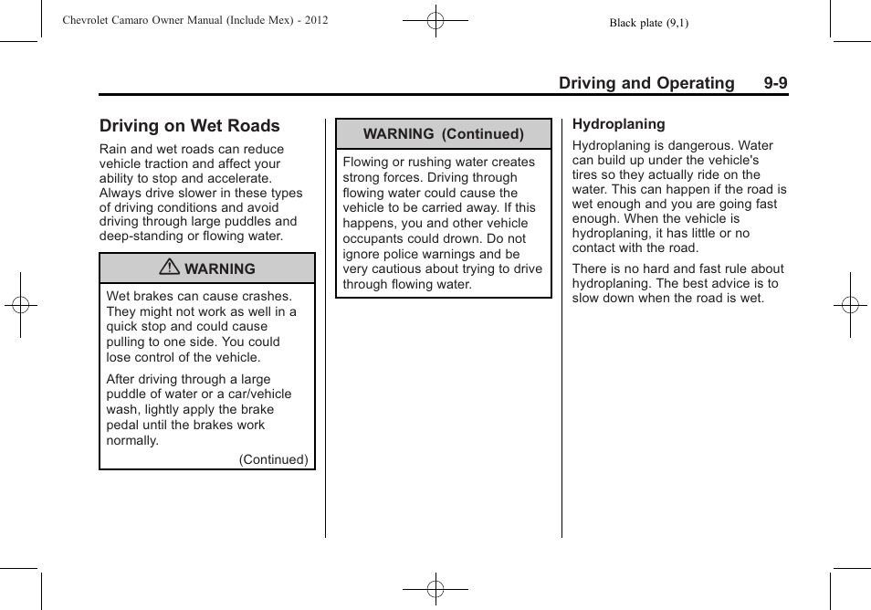 Driving on wet roads | CHEVROLET 2012 Camaro User Manual | Page 215 / 444