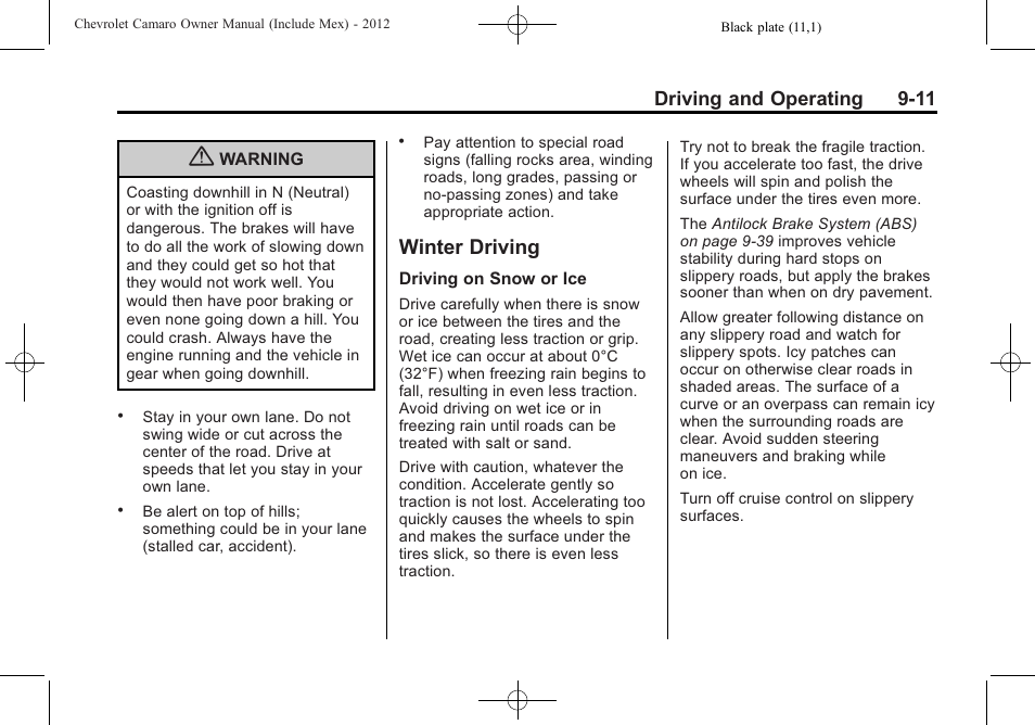 Winter driving, Driving and operating 9-11 | CHEVROLET 2012 Camaro User Manual | Page 217 / 444