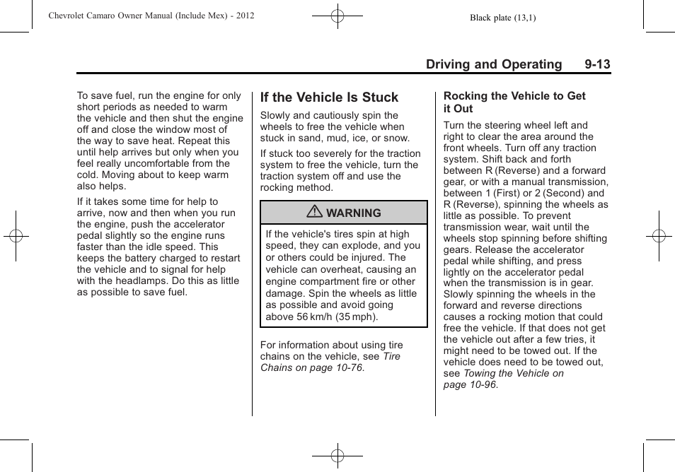 If the vehicle is stuck | CHEVROLET 2012 Camaro User Manual | Page 219 / 444