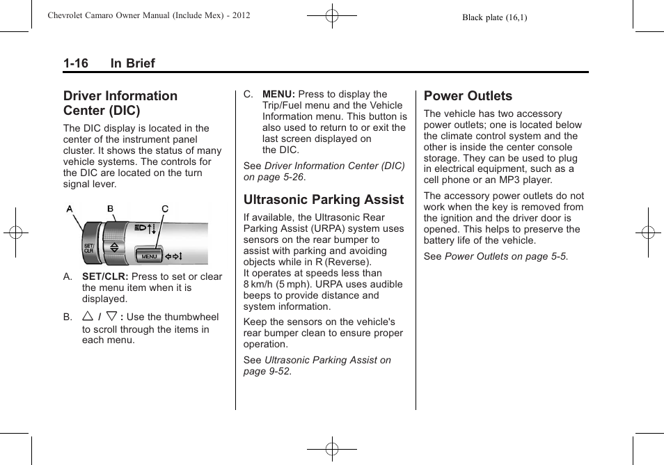 Driver information center (dic), Ultrasonic parking assist, Power outlets | CHEVROLET 2012 Camaro User Manual | Page 22 / 444