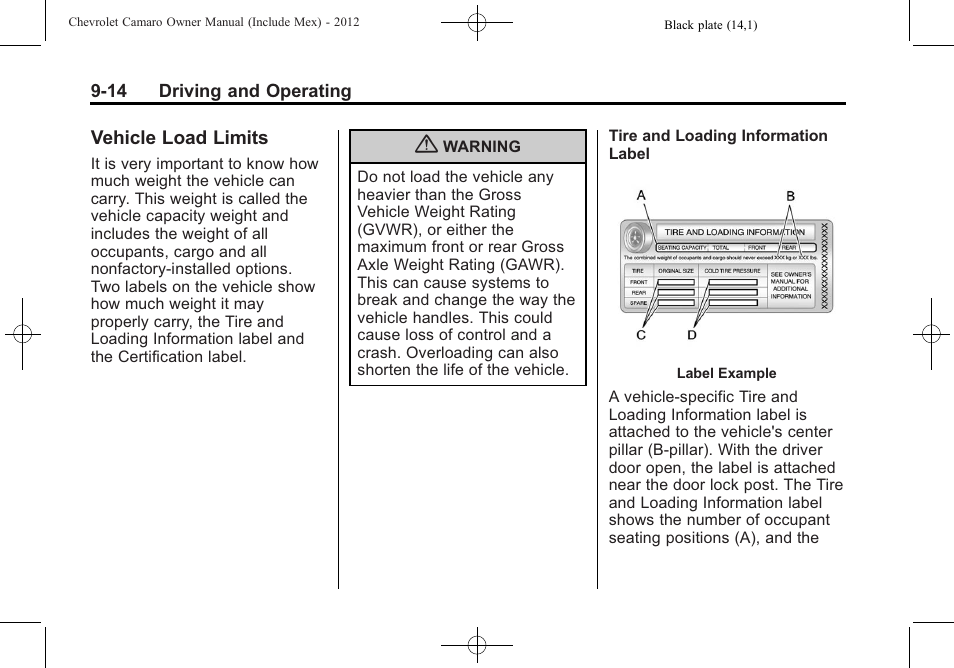 Vehicle load limits | CHEVROLET 2012 Camaro User Manual | Page 220 / 444