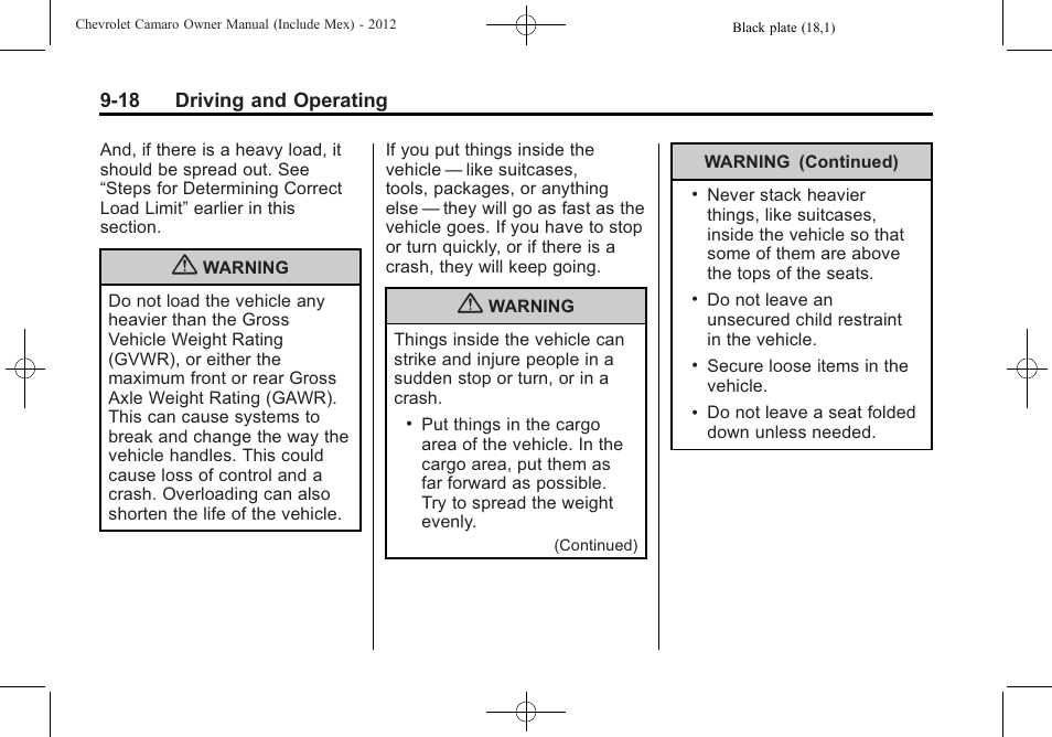 18 driving and operating | CHEVROLET 2012 Camaro User Manual | Page 224 / 444