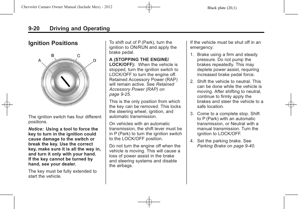 Ignition positions, 20 driving and operating | CHEVROLET 2012 Camaro User Manual | Page 226 / 444