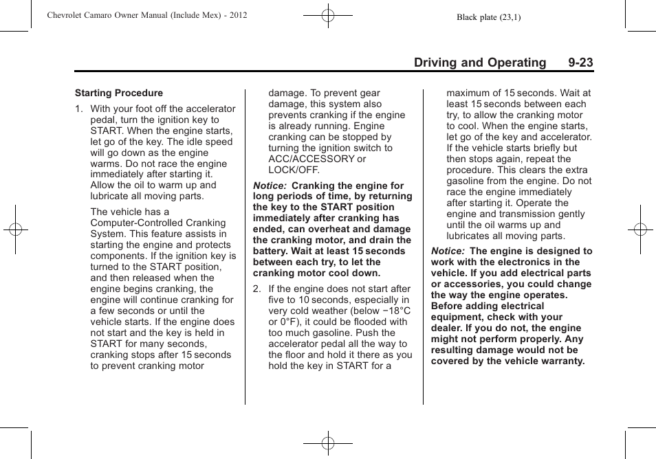 Driving and operating 9-23 | CHEVROLET 2012 Camaro User Manual | Page 229 / 444