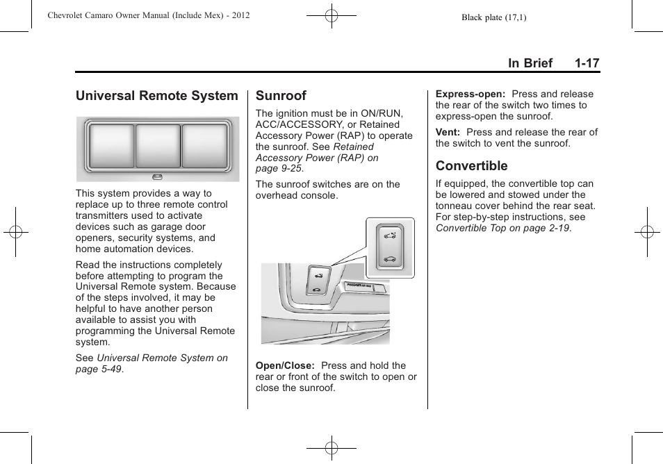 Universal remote system, Sunroof, Convertible | CHEVROLET 2012 Camaro User Manual | Page 23 / 444