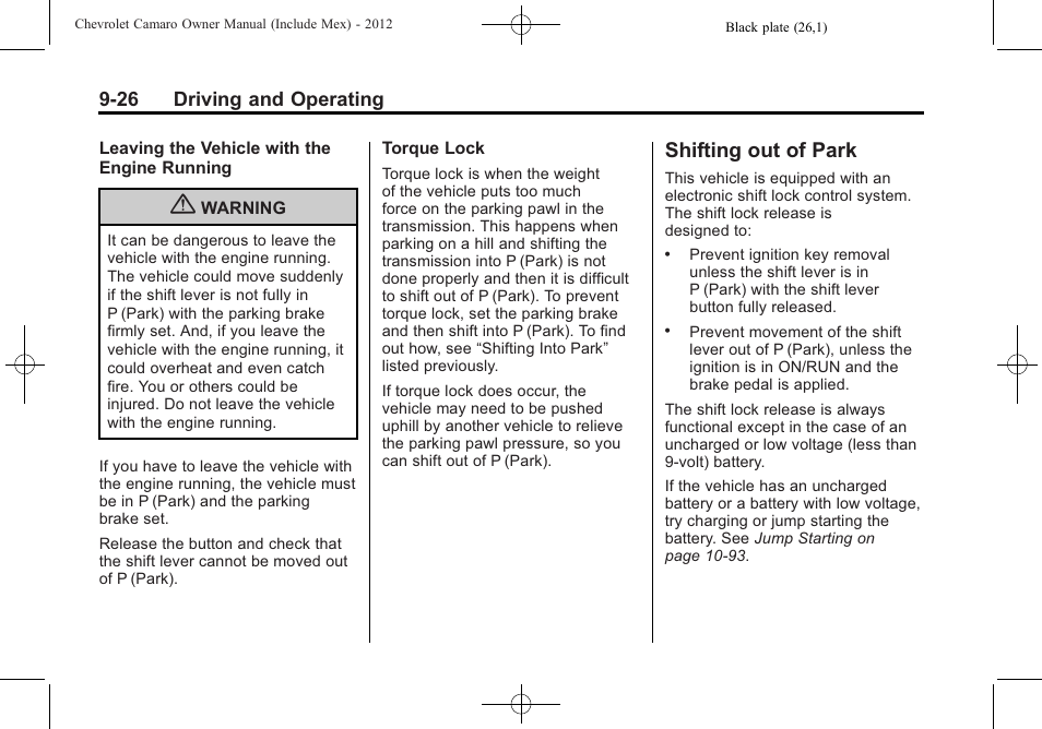 Shifting out of park | CHEVROLET 2012 Camaro User Manual | Page 232 / 444