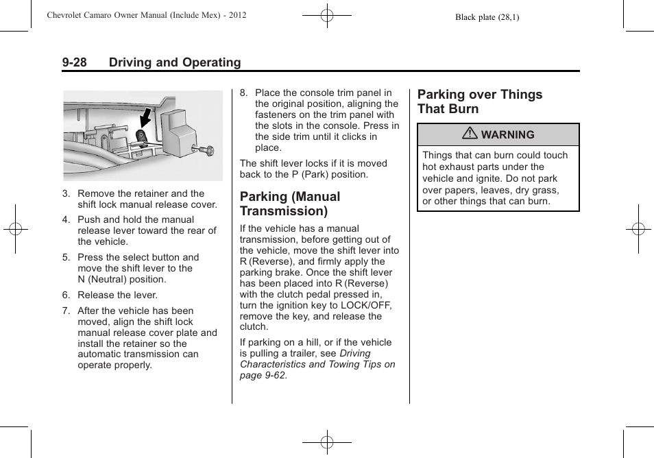 Parking (manual transmission), Parking over things that burn | CHEVROLET 2012 Camaro User Manual | Page 234 / 444