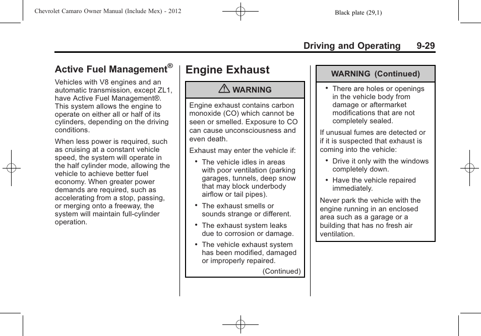 Active fuel management, Engine exhaust, Driving and operating 9-29 | CHEVROLET 2012 Camaro User Manual | Page 235 / 444