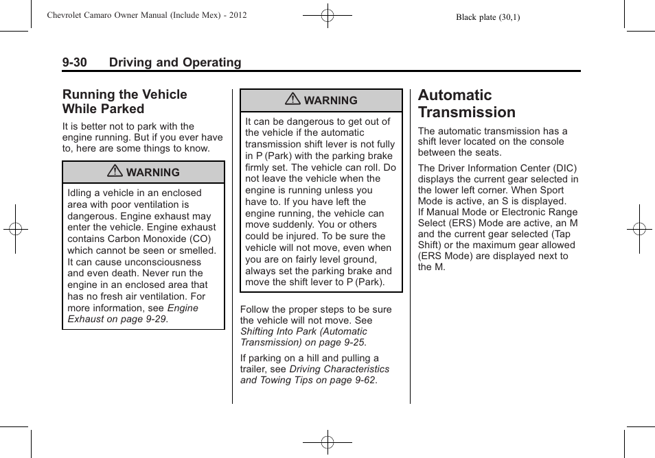 Running the vehicle while parked, Automatic transmission | CHEVROLET 2012 Camaro User Manual | Page 236 / 444
