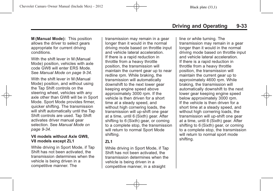 Driving and operating 9-33 | CHEVROLET 2012 Camaro User Manual | Page 239 / 444