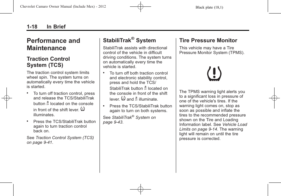 Performance and maintenance, Traction control system (tcs), Stabilitrak® system | Tire pressure monitor, Stabilitrak, System | CHEVROLET 2012 Camaro User Manual | Page 24 / 444
