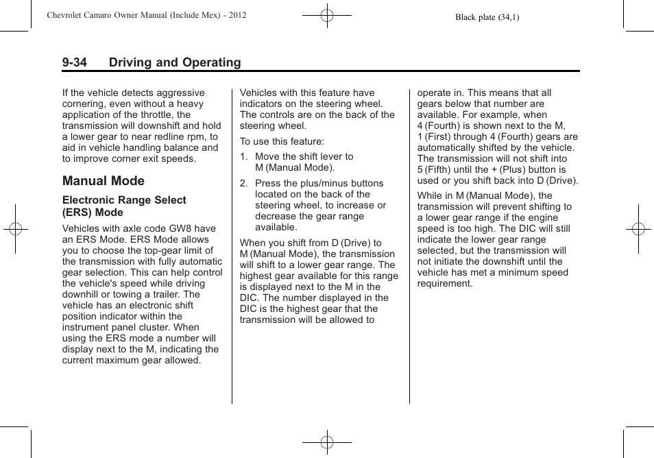 Manual mode | CHEVROLET 2012 Camaro User Manual | Page 240 / 444