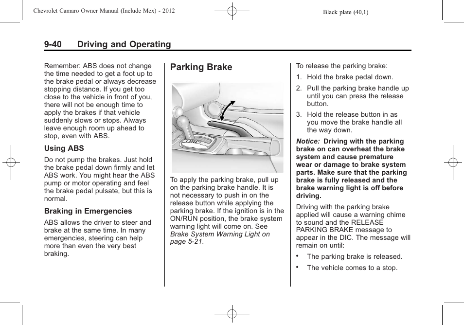 Parking brake, 40 driving and operating | CHEVROLET 2012 Camaro User Manual | Page 246 / 444