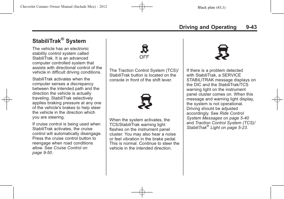Stabilitrak® system, Stabilitrak, System | Driving and operating 9-43 | CHEVROLET 2012 Camaro User Manual | Page 249 / 444
