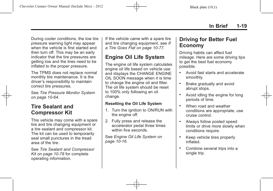 Tire sealant and compressor kit, Engine oil life system, Driving for better fuel economy | CHEVROLET 2012 Camaro User Manual | Page 25 / 444