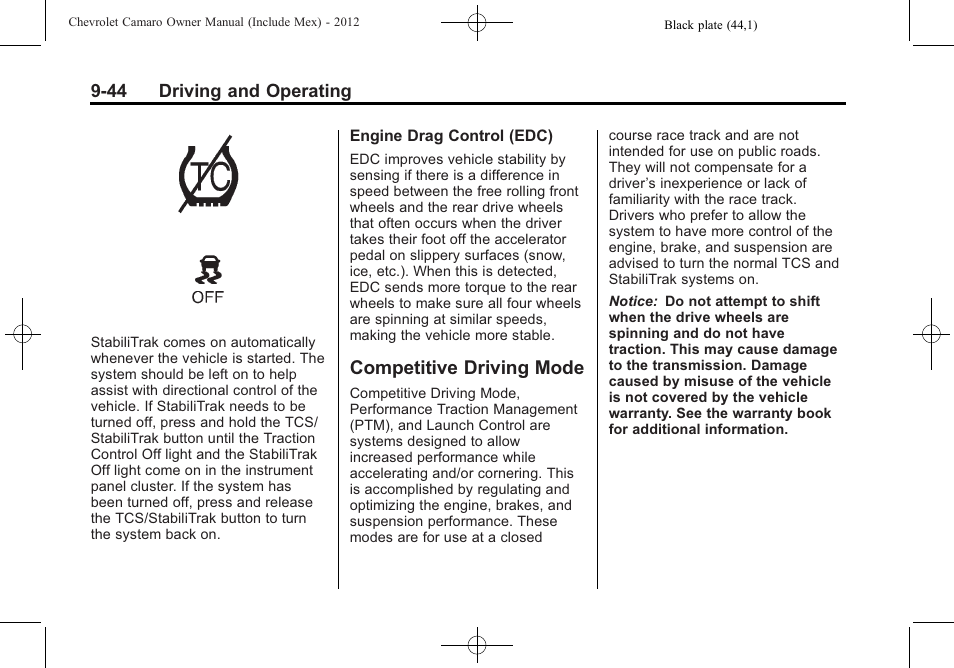 Competitive driving mode | CHEVROLET 2012 Camaro User Manual | Page 250 / 444