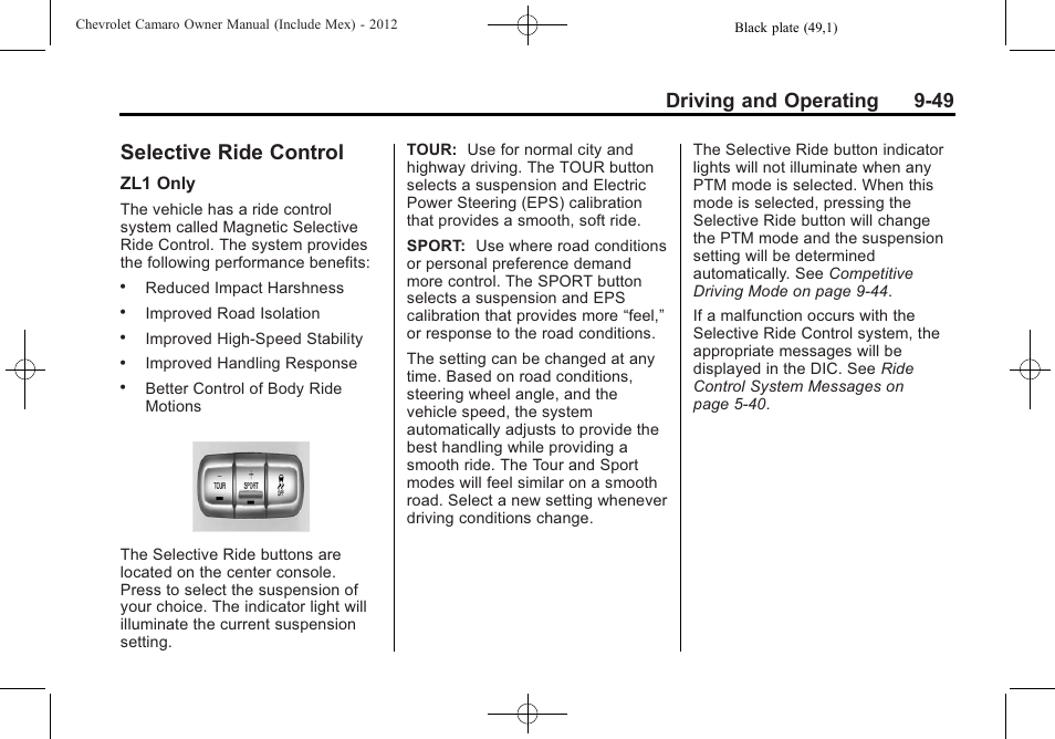 Selective ride control, Driving and operating 9-49 | CHEVROLET 2012 Camaro User Manual | Page 255 / 444