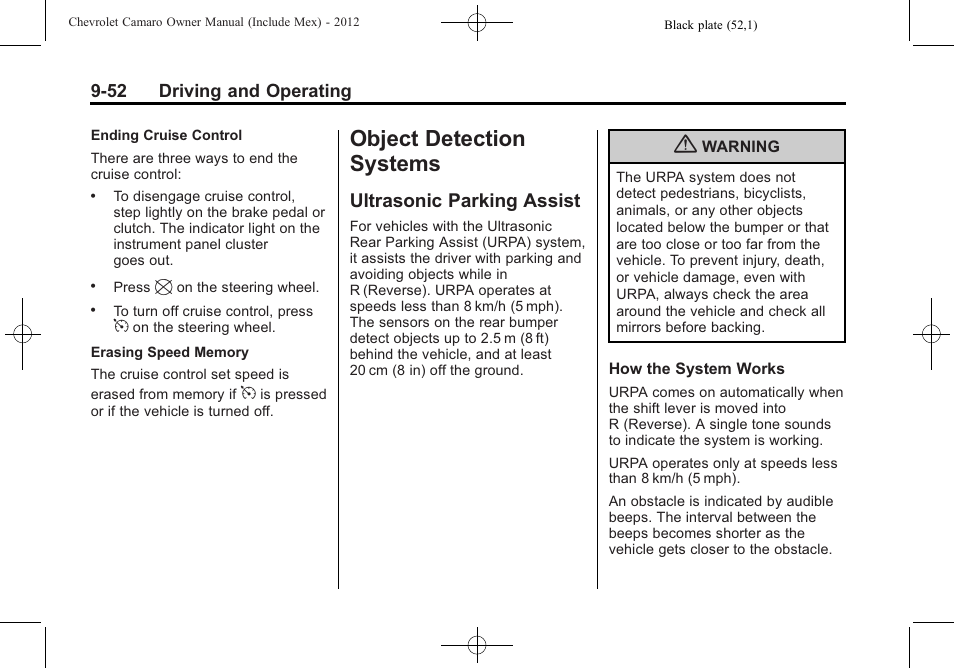 Object detection systems, Ultrasonic parking assist | CHEVROLET 2012 Camaro User Manual | Page 258 / 444