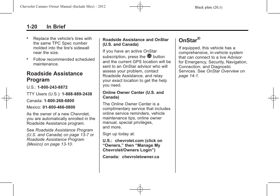 Roadside assistance program, Onstar, 20 in brief | CHEVROLET 2012 Camaro User Manual | Page 26 / 444