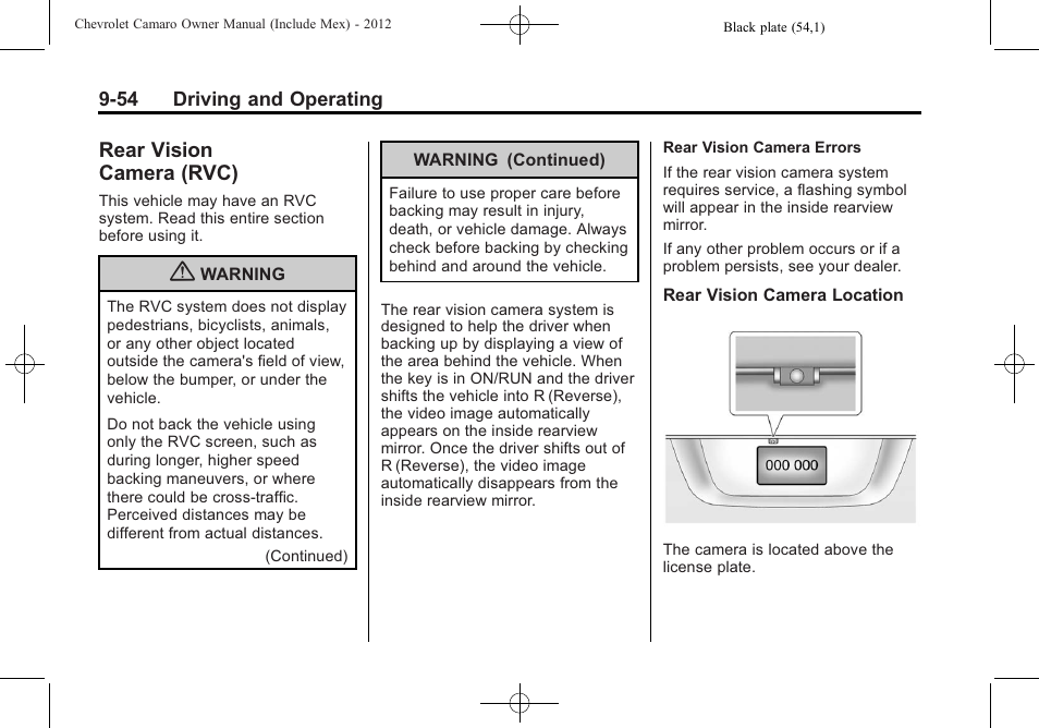 Rear vision camera (rvc) | CHEVROLET 2012 Camaro User Manual | Page 260 / 444