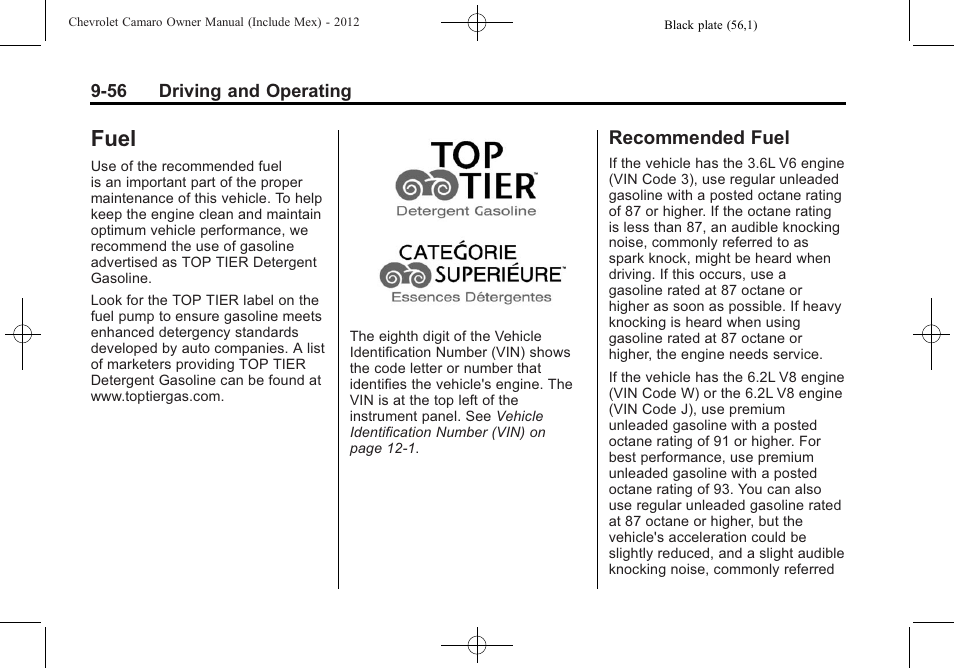 Fuel, Recommended fuel | CHEVROLET 2012 Camaro User Manual | Page 262 / 444