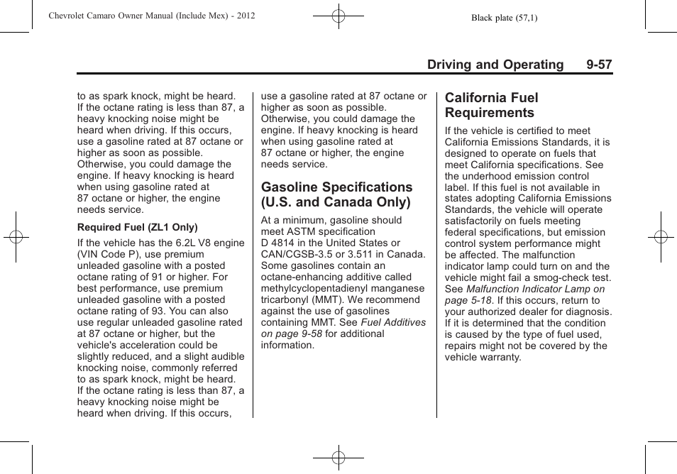 Gasoline specifications (u.s. and canada only), California fuel requirements | CHEVROLET 2012 Camaro User Manual | Page 263 / 444